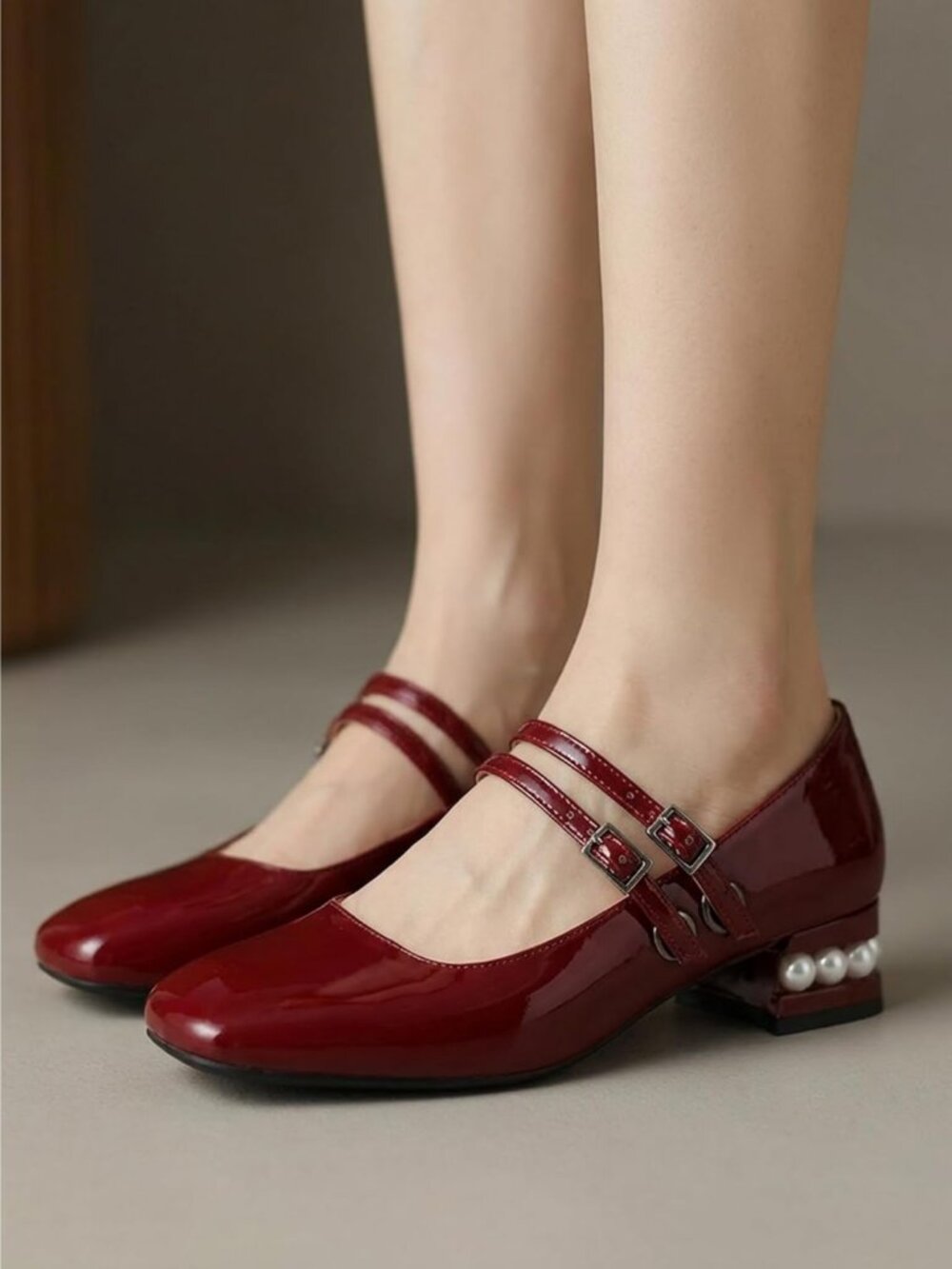 Women's Pearl Burgundy Mary Jane Low Pearl Heels Square Toe Pumps Ballet Shoes - Picture 3 of 6